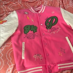 Pink Varsity Jacket with Embroidered Details.